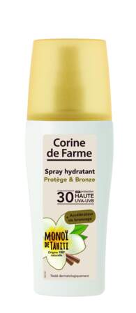 Dans la gamme solaire de Corine de Farme, un spray hydratant qui protège et aide au bronzage, 10,40 €