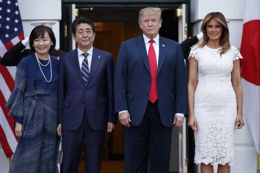 Shinzo Abe et sa femme aux côtés de Donald Trump et Melania, à la Maison Blanche, le 26 avril 2019.