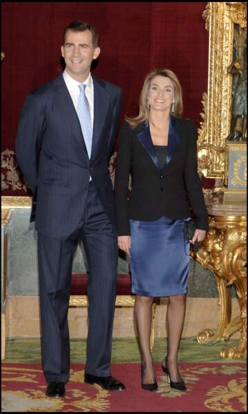 Letizia et Felipe d'Espagne lors de la réception pour les 30 ans de règne de Juan Carlos à Madrid, le 23/11/05