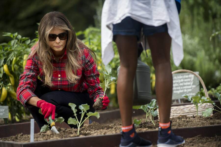 Melania Trump fait du jardinage à la Maison Blanche dans une chemise de luxe, signée Balmain le 22 septembre 2017