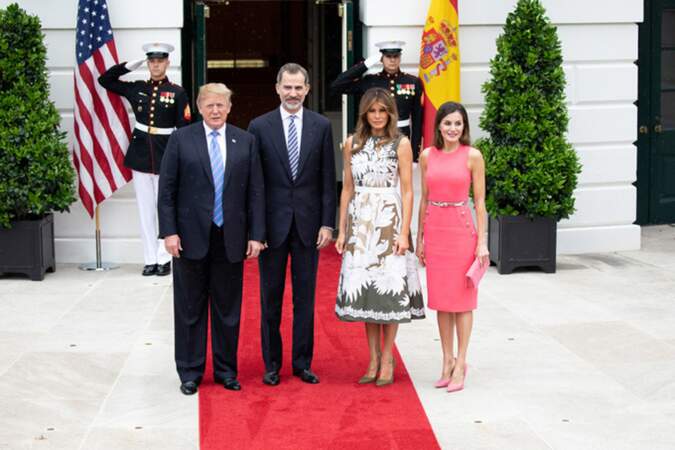 Felipe et Letizia d'Espagne (en robe Michael Kors) reçus par Donald et Melania Trump à Washington le 19 juin 2018