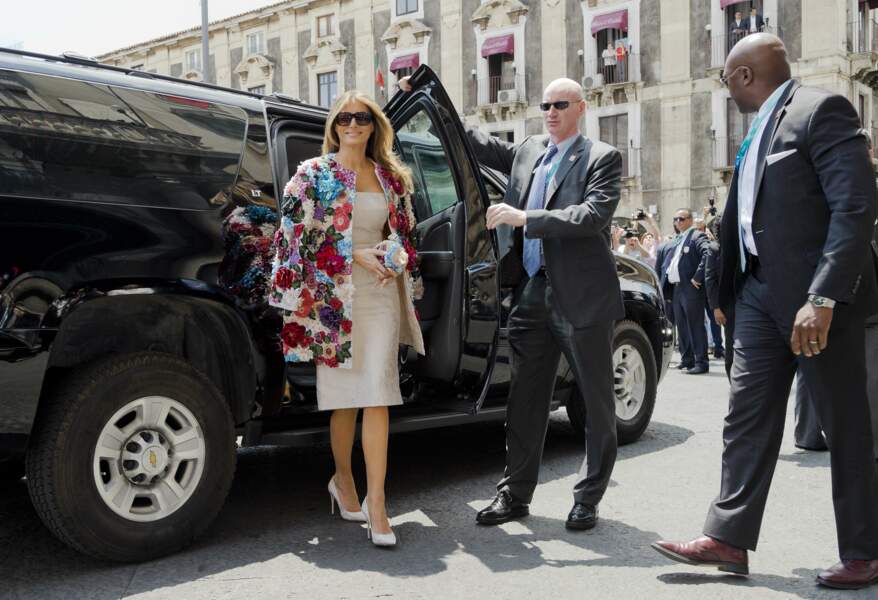 Melania Trump et son manteau Dolce & Gabbana lors du G7 en Italie, le 26 mai 2017