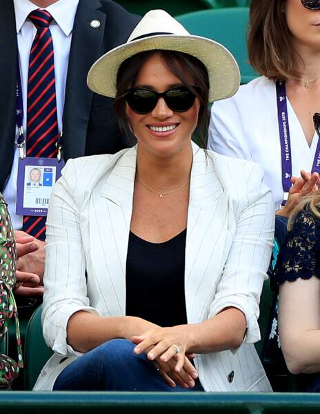 Meghan Markle tout sourire à Wimbledon, le 4 juillet 2019.
