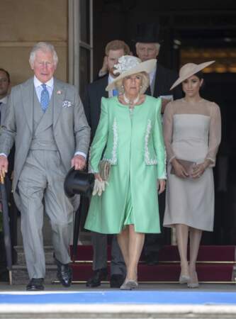 Charles, Camilla et Meghan lors de la garden party des 70 ans du prince Charles le 22 mai 2018