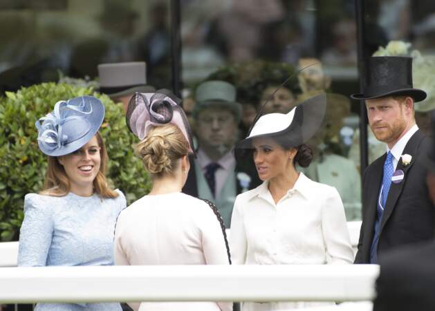 Beatrice d'York, Meghan Markle et le prince Harry à Ascot, le 19 juin 2018