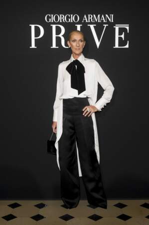 Céline Dion très élégante dans un look sobre bicolore chez Armani Privé