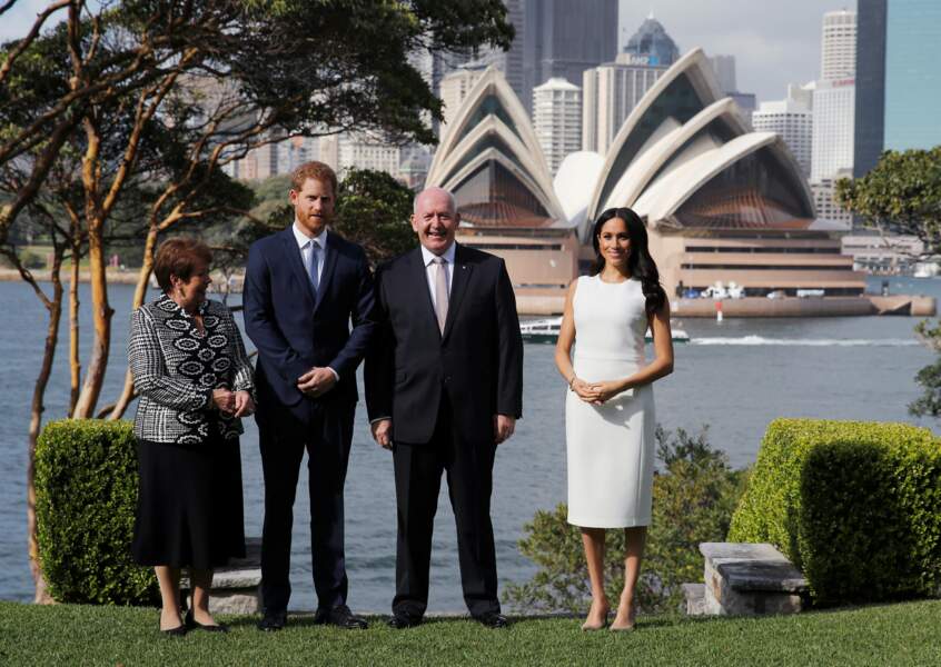 Le prince Harry et Meghan Markle, enceinte, à la Chambre d'Amirauté, à Sydney, le 16 octobre 2018