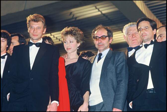 Johnny Hallyday, Nathalie Baye et Jean-Luc Godard à Cannes pour le film "Détective"