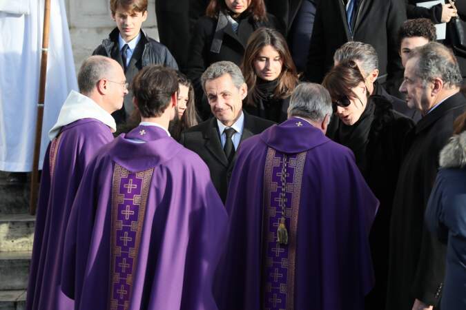 Nicolas Sarkozy et sa femme Carla Bruni-Sarkozy, Guillaume Sarkozy lors des obsèques de Andrée Sarkozy