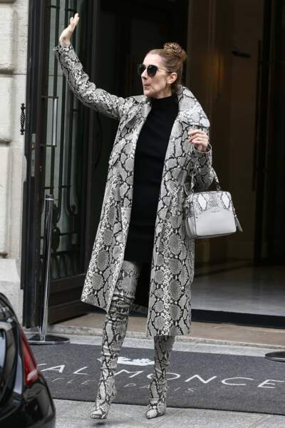 En tenue python, Céline Dion radieuse, salue ses fans venus la saluer devant son hôtel parisien