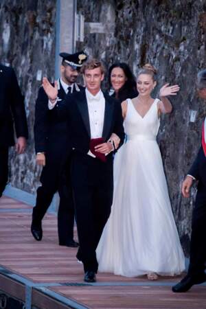 Pierre Casiraghi et Beatrice Borromeo arrivent à la soirée de leur mariage sur les Iles Borromées, le 1er août 2015