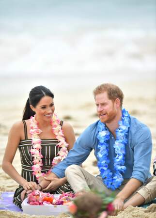 Meghan Markle et le prince Harry sur la plage Bondi Beach, à Sydney, en Australie, le 19 octobre 2018