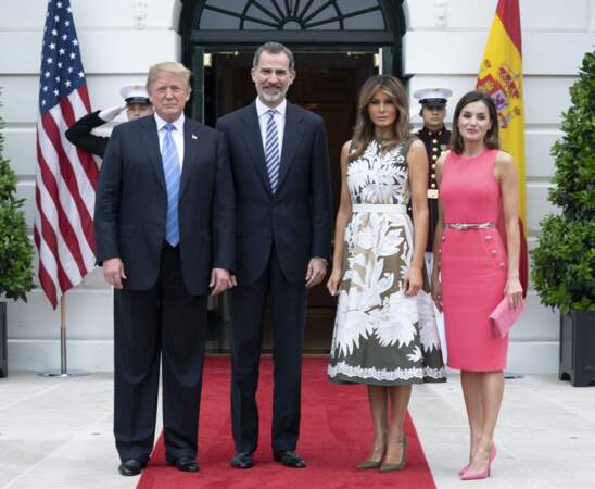Felipe et Letizia d'Espagne (en robe Michael Kors) reçus par Donald et Melania Trump à Washington le 19 juin 2018