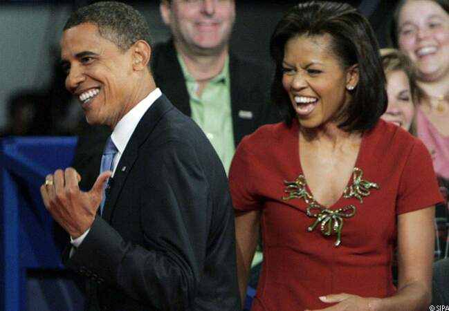 Barack et Michelle rient aux éclats après le débat de Nashville, le 7 octobre 2008