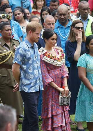 Meghan Markle et le prince Harry visitent le campus de l'Université du Pacifique Sud aux îles Fidji, le 24 octobre