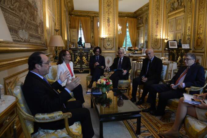 François Hollande accompagné de Ségolène Royal et Jacques Audibert, reçoit Bill Gates à l'Elysée le 27 Juin 2016