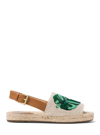 Sandale en toile brodée, cuir et semelle de corde, 165 € (Michael Kors).