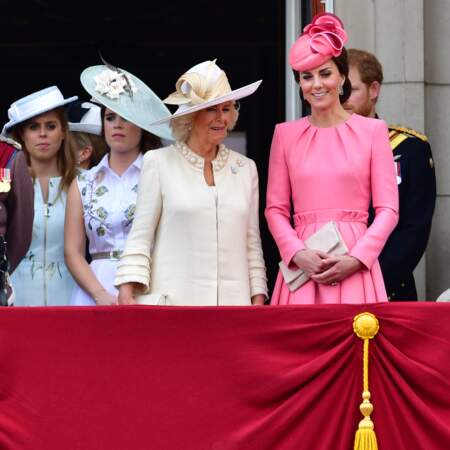 Eugenie et Beatrice d'York, Camilla Parker-Bowles et Kate Middleton lors de Trooping The Colour, en juin 2017
