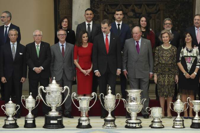 Letizia, Felipe VI, Juan Carlos et Sophia d'Espagne, lors des Sports National Awards, à Madrid, le 10 janvier 2019