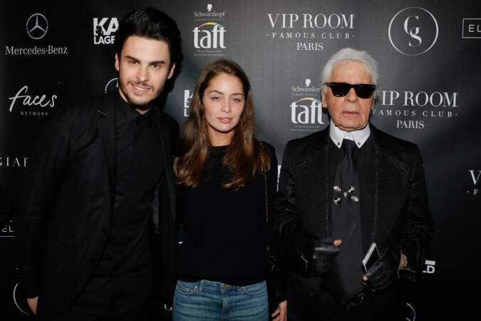 Baptiste Giabiconi, Marie-Ange Cast et Karl Lagerfeld à la soirée "Giabiconistyle.com opening" au Vip Room, en 2015