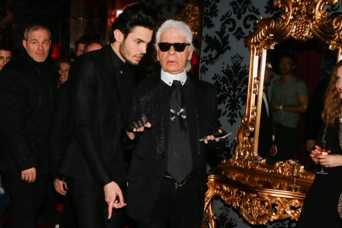 Baptiste Giabiconi et Karl Lagerfeld à la soirée "Giabiconistyle.com opening" au Vip Room, en 2015