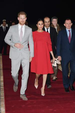 Meghan Markle et le prince Harry lors de leur arrivée à Casablanca ce samedi 23 février 2019.