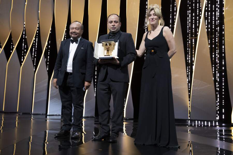 Valerie Bruni Tedeschi avec Rithy Panh et César Diaz du film "Nestras Madres", qui a reçu la Camera d'Or