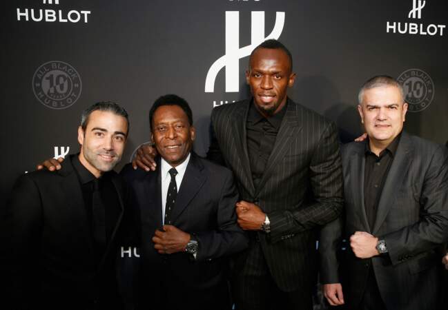 Jean-François Sberro (le Directeur Général Hublot aux États-Unis Pelé), Usain Bolt et Ricardo Guadalupe(CEO Hublot)