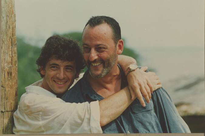 Patrick Bruel et Jean Réno sur le tournage du film "Le Jaguar" de Francis Veber en 1996