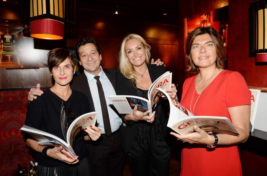 Laurent Gerra, sa compagne Christelle Bardet et leurs amis pour le lancement du livre "Carnets d'un sale gosse"