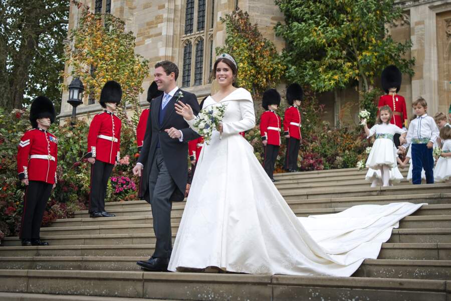 La princesse Eugenie d'York en robe Peter Pilotto lors de son mariage à Windsor, le 12 octobre 2018