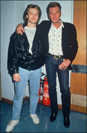 David et Johnny Hallyday en 1987 dans les coulisses de l'émission "Sacrée Soirée"