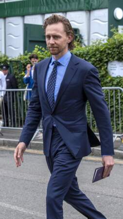 Tom Hiddleston arrive pour assister à la finale homme du tournoi de Wimbledon à Londres, le 14 juillet 2019.