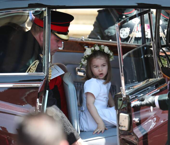 Charlotte, adorable avec sa couronne de fleurs, lors du mariage du prince Harry et de Meghan Markle, le 19 mai 2018