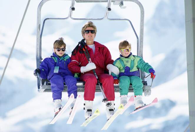 William, Diana et Harry aux sports d'hiver en Autriche, en 1991