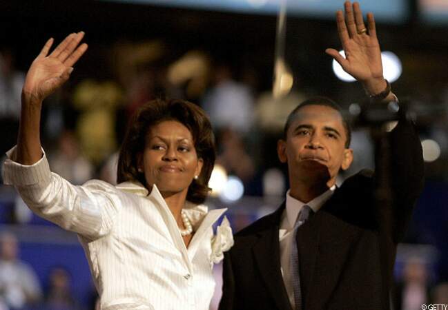 Barack et Michelle saluent la foule à la Convention nationale démocrate, Boston, le 27 juillet 2004