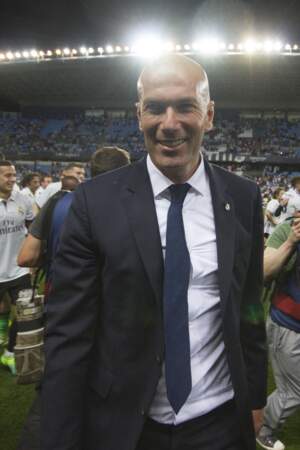 Zinédine Zidane lors du sacre du Réal Madrid, champion d'Espagne 2017, après son match contre Malaga le 21 mai 2017