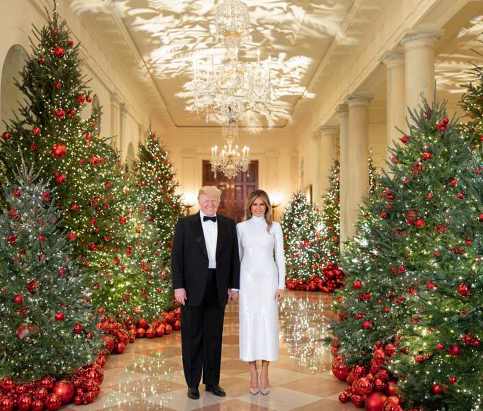 Donald et Melania Trump, en robe à sequins Celine, posent à la Maison Blanche le 15 décembre 2018