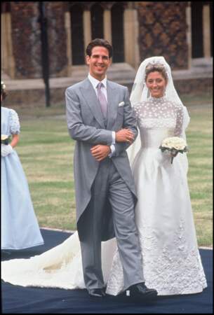 Le prince Pavlos de Grèce lors de son mariage avec Marie Chantal Miller (en robe Valentino) le 1er juillet 1995