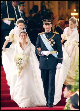 Mariage de Felipe d'Espagne et Letizia Ortiz (en robe Manuel Pertegaz) le 22 mai 2004 à Madrid