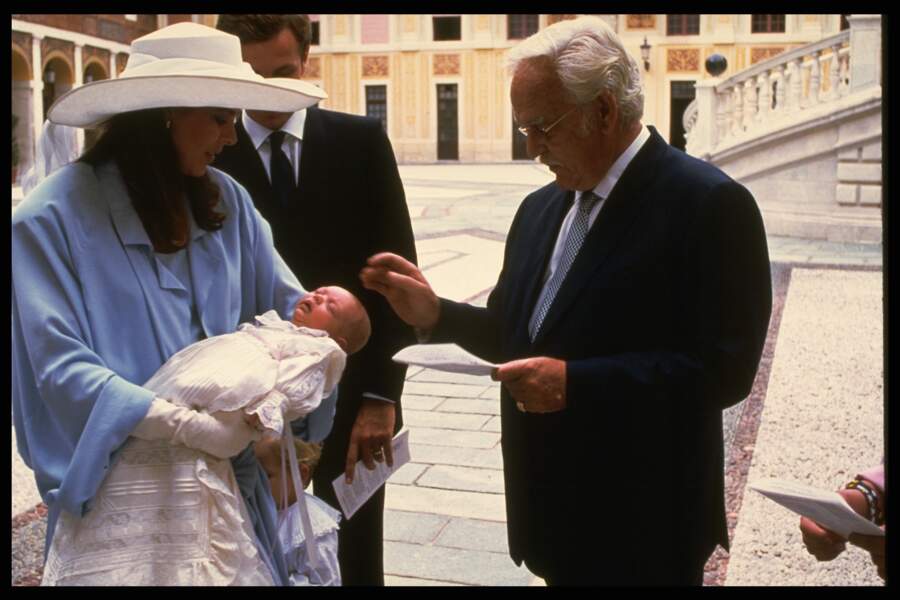 Caroline de Monaco, Stefano Casiraghi et le prince Rainier, lors du baptême de Charlotte, 20 septembre 1986