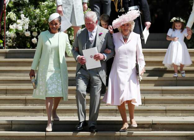 Doria Ragland, le prince Charles et Camilla, à la sortie de la chapelle St. George, après le mariage de Harry et Meghan, en mai 2018.