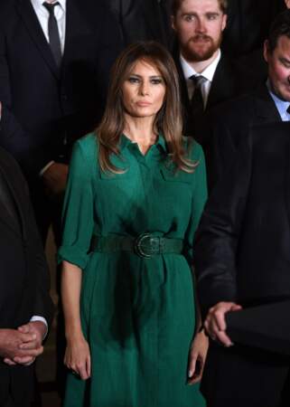 Melania Trump dans une robe verte signée de la marque anglaise Cefinn