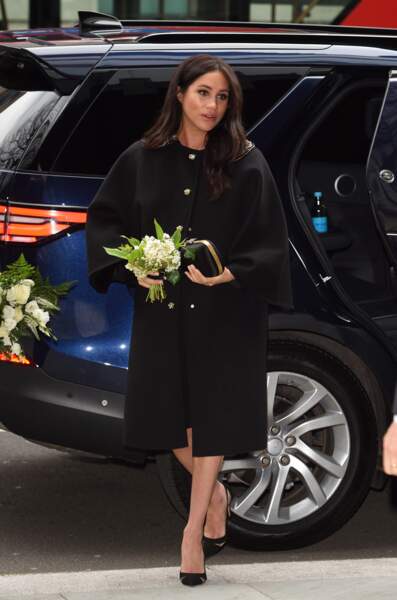 Meghan Markle très élégante en talons hauts et manteau Gucci à la New Zealand House à Londres, le 19 mars 2019