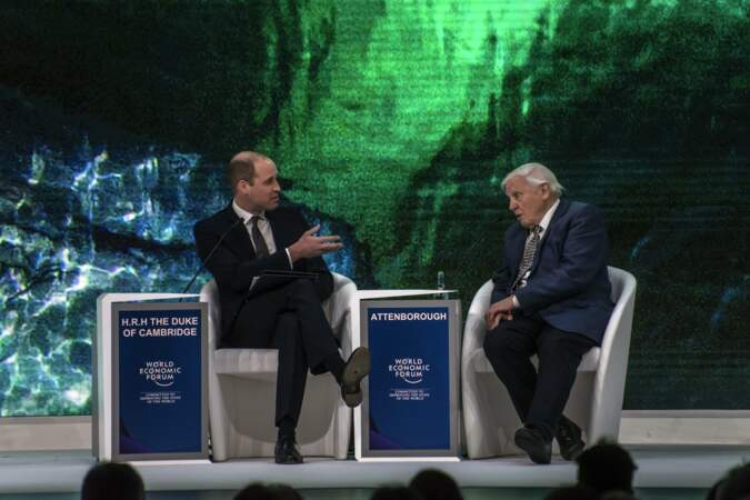 Le prince William et Sir David Attenborough lors d'une conférence à l'occasion du forum économique mondial de Davos, le 22 janvier 2019