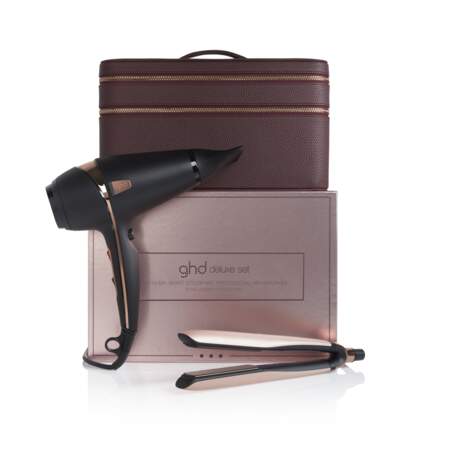 Coffret cheveux Collection Deluxe ghd contenant le styler ghd platinium + sèche cheveux professionnel ghd air, 399€