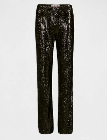 Le pantalon bootcut taille haute en sequins noir, Morgan x Iris Mittenaere, 70€. 