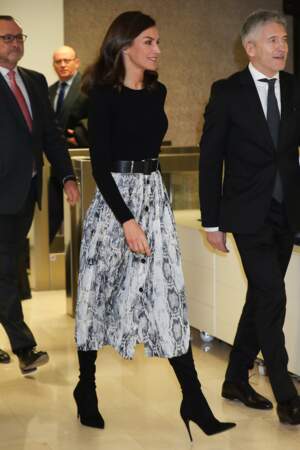 La reine Letizia d'Espagne lors du sommet "Impacto Socioeconomico de los accidentes de trafico con victimas infantiles" à Madrid. Le 12 décembre 2019.
