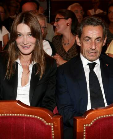 Nicolas Sarkozy et Carla Bruni sont allés voir la pièce "Hotel Europe" de Bernard-Henri Lévy au Théâtre de l'Atelier à Paris, le 12 septembre 2014.