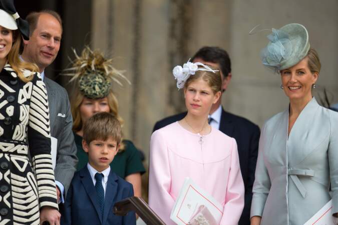 Le prince Edward, comte de Wessex, James Mountbatten-Windsor, Lady Louise Windsor et la comtesse Sophie de Wessex lors de la messe à la cathédrale St Paul de Londres pour le 90ème anniversaire de la reine Elisabeth II, le 10 juin 2016